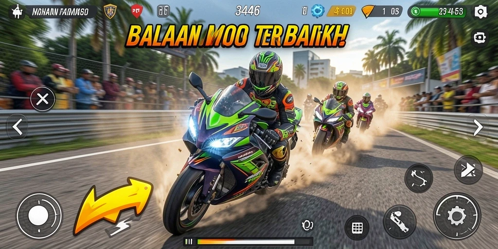 Gameplay menegangkan saat berlomba di lintasan balap motor.