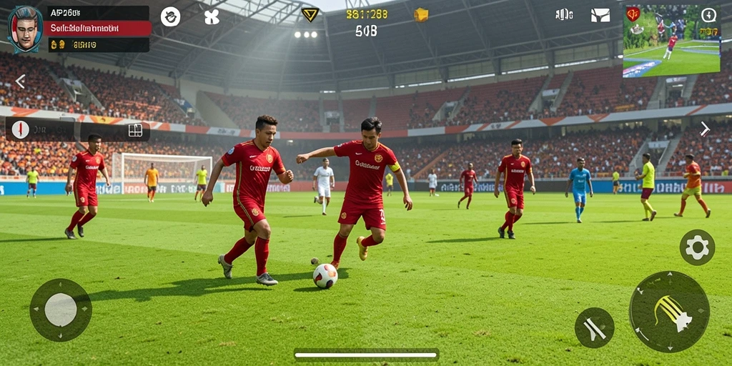 Tampilan gameplay seru dari API288 yang menampilkan aksi di lapangan sepak bola.