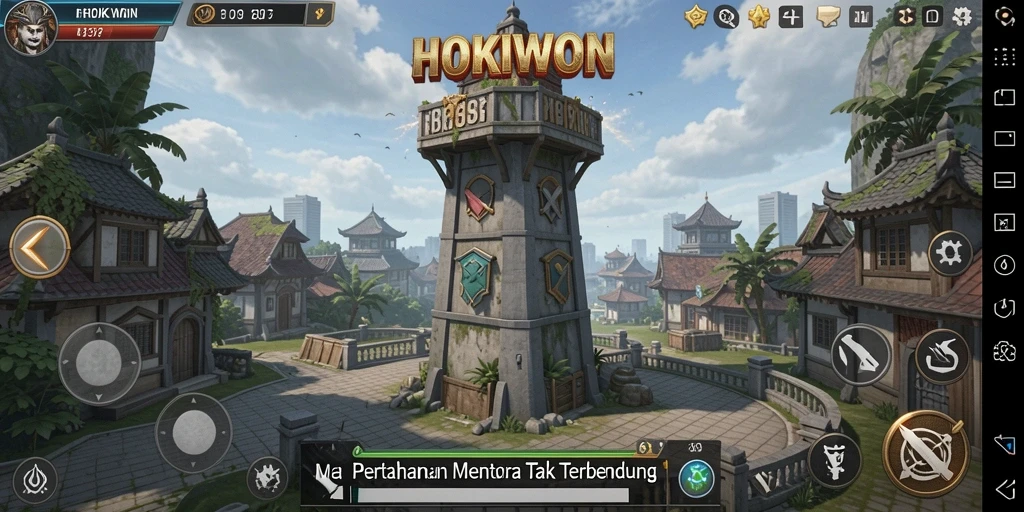 Tampilan gameplay HOKIWON dengan pertahanan menara yang kuat.