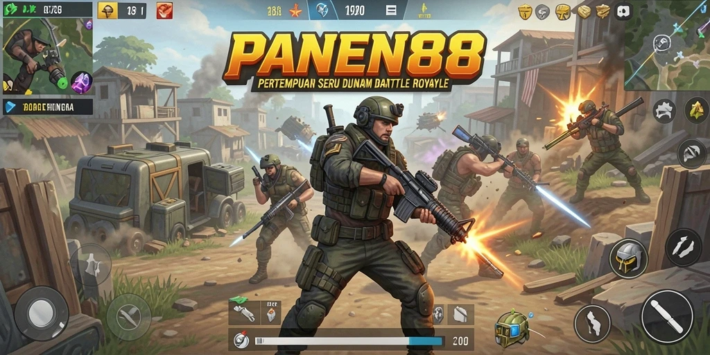 Screenshot gameplay PANEN88 menunjukkan pertempuran seru di arena Battle Royale.