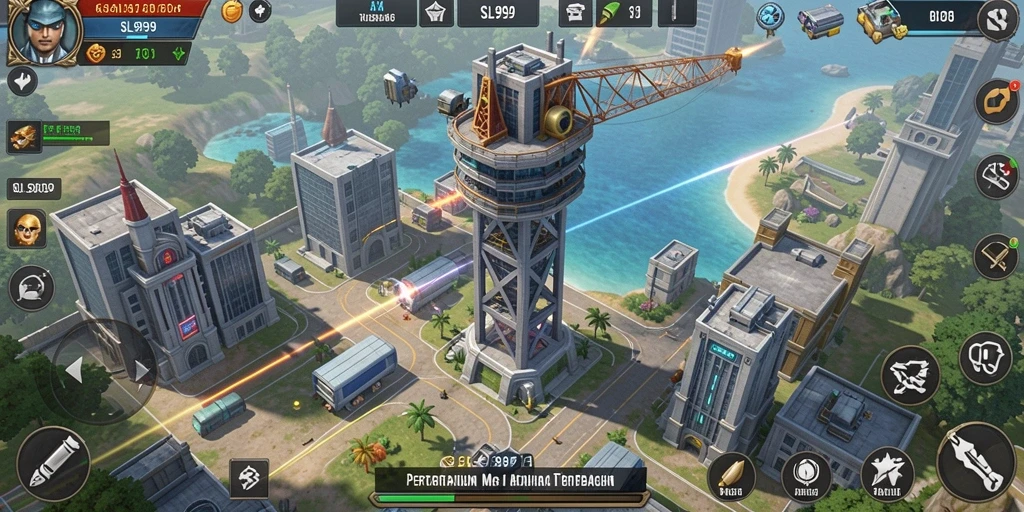 Tangkapan layar gameplay SL999 dengan menara pertahanan yang strategis.